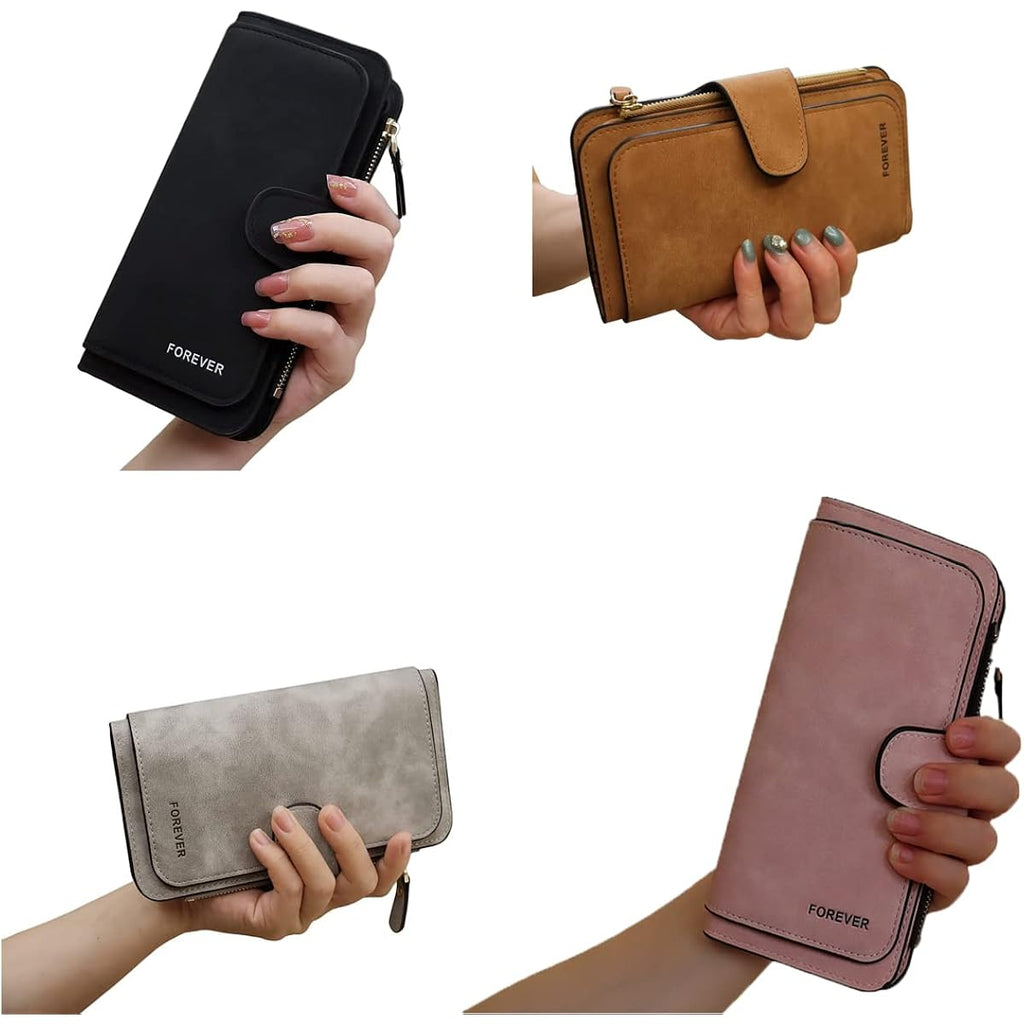 Womens Long Leather Wallet, RFID Blocking Leather Pocket Wallet Ladies Mini Purse with ID Window