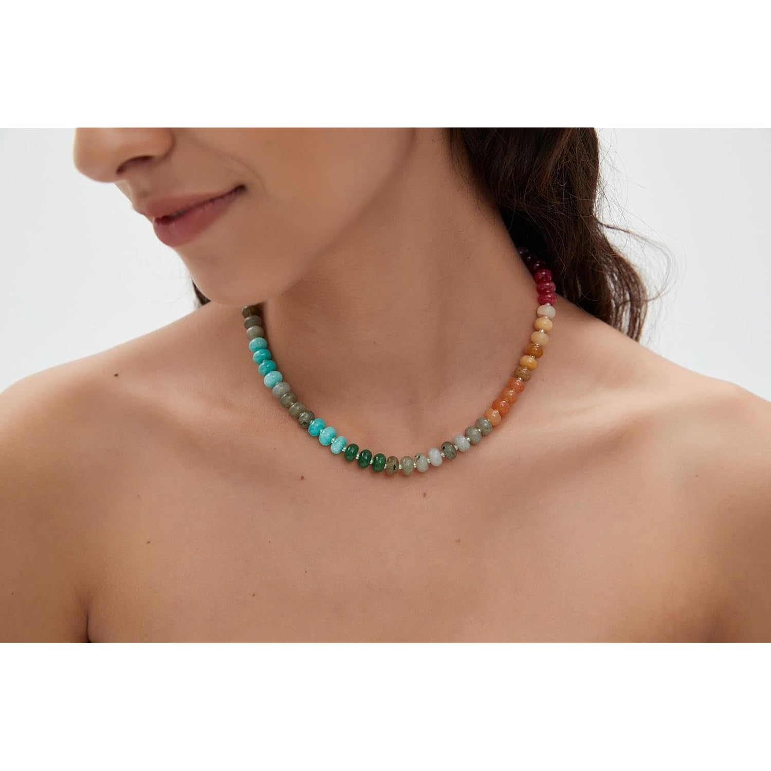 Zissunbeam Bead Gemstone Choker Necklace for Women,Colorful Natural Stone Beaded Statement Boho Beach Necklace Jewelry for Women, Rainbow Stone Charm Trendy Necklaces
