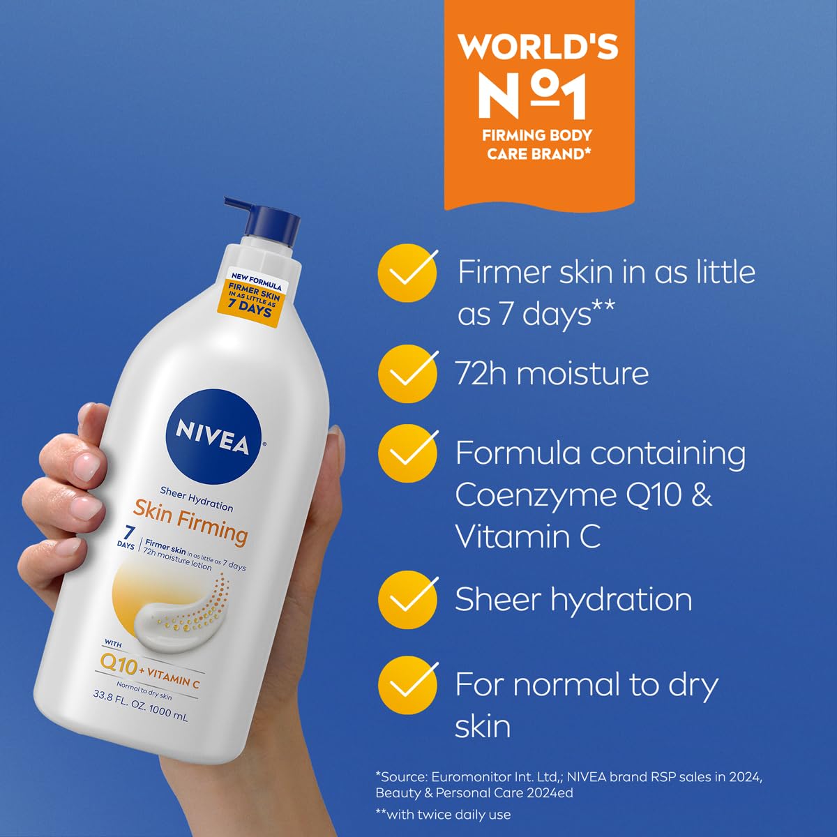Nivea Sheer Hydration Skin Firming Body Lotion With Q10 And Vitamin C, 72-Hour Body Moisturizer For Normal To Dry Skin, 33.8 Fl Oz Value Size Pump Bottle
