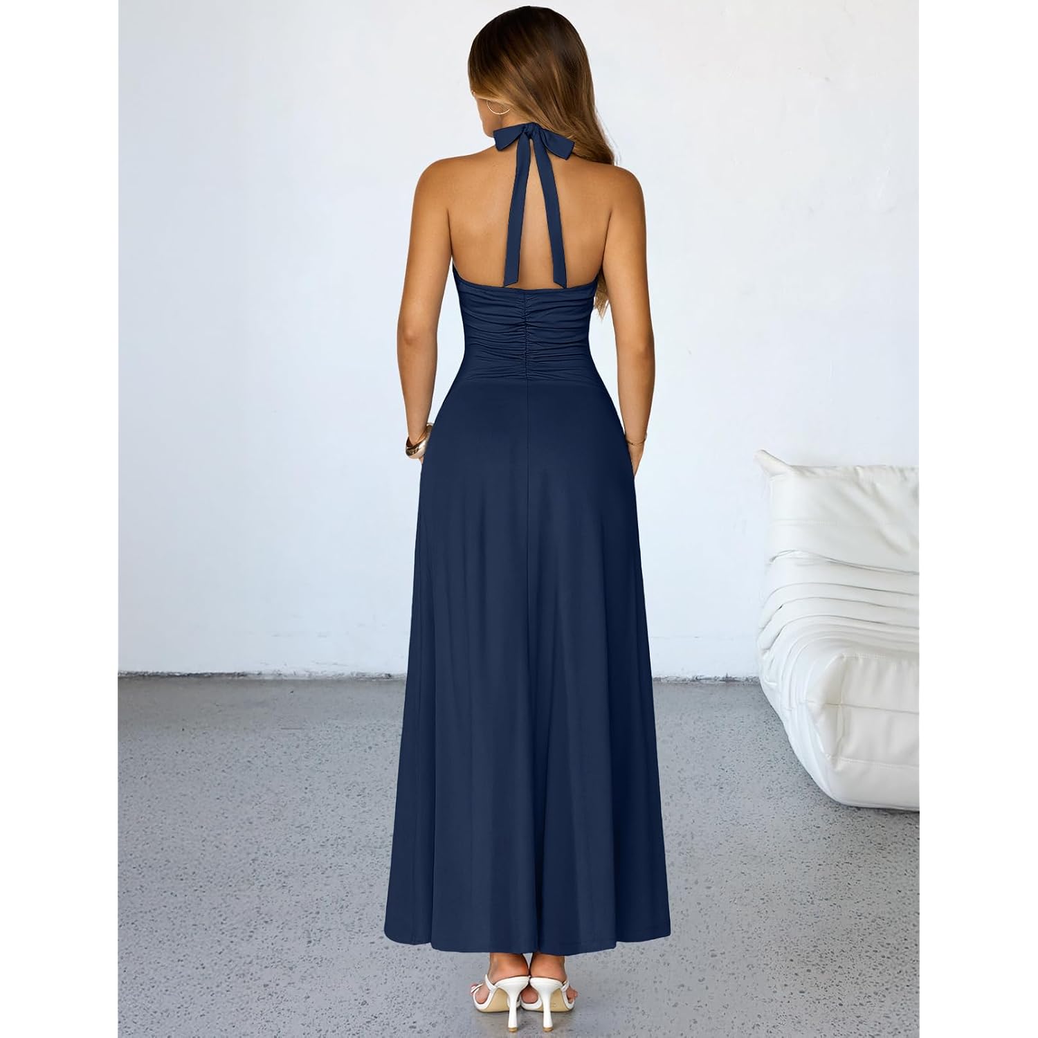 Merokeety Women'S Formal Halter Maxi Dress 2026 Summer Backless Sleeveless V Neck Ruched Cocktail Wedding Guest Dresses