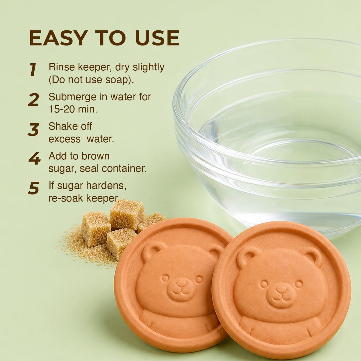 2 Pack Brown Sugar Bear Keeper - Terracotta Brown Sugar Saver Disc Keeps It Soft & Fresh - Reusable Food Safe Clay Stone & Softener With Cute Bear Design, Gift For Bakers