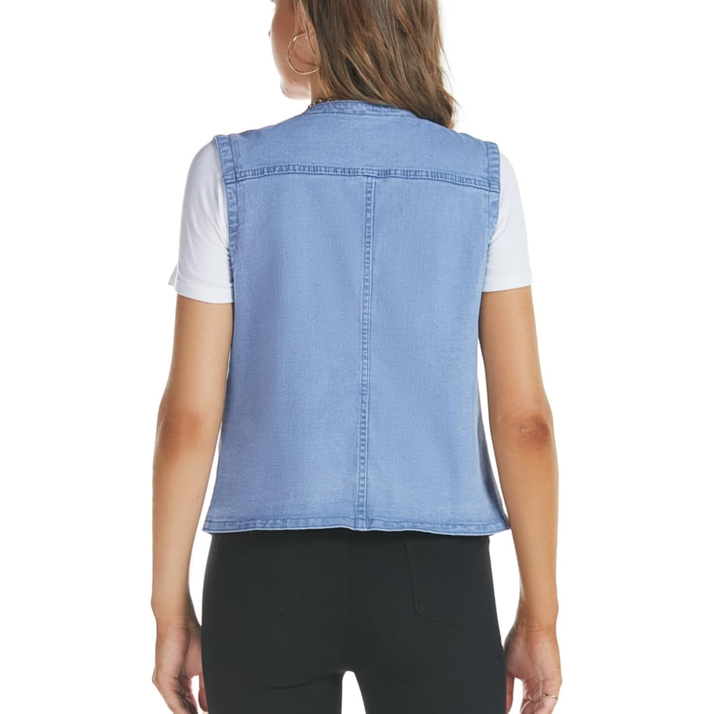 Women'S Sleeveless Denim Vest V Neck Button Down Jean Vest Top Waistcoat Jacket