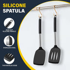2 Pack Silicone Spatula Set, Solid & Slotted Turner For Non-Stick Pans, High Heat Resistant Silicone Spatula For Cooking, Bpa-Free Stainless Steel Cooking Utensils For Fish, Eggs, Pancakes, Black