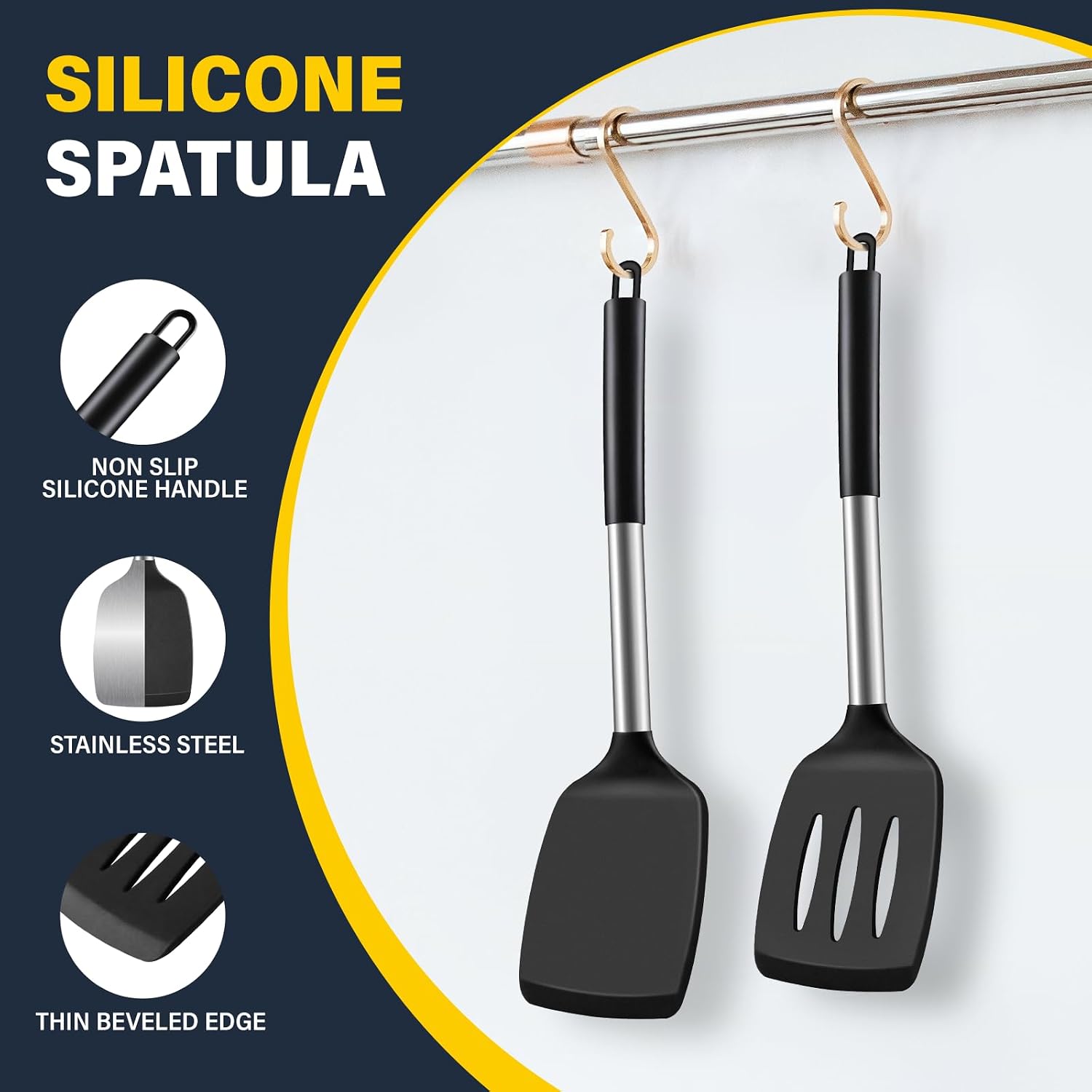 2 Pack Silicone Spatula Set, Solid & Slotted Turner For Non-Stick Pans, High Heat Resistant Silicone Spatula For Cooking, Bpa-Free Stainless Steel Cooking Utensils For Fish, Eggs, Pancakes, Black
