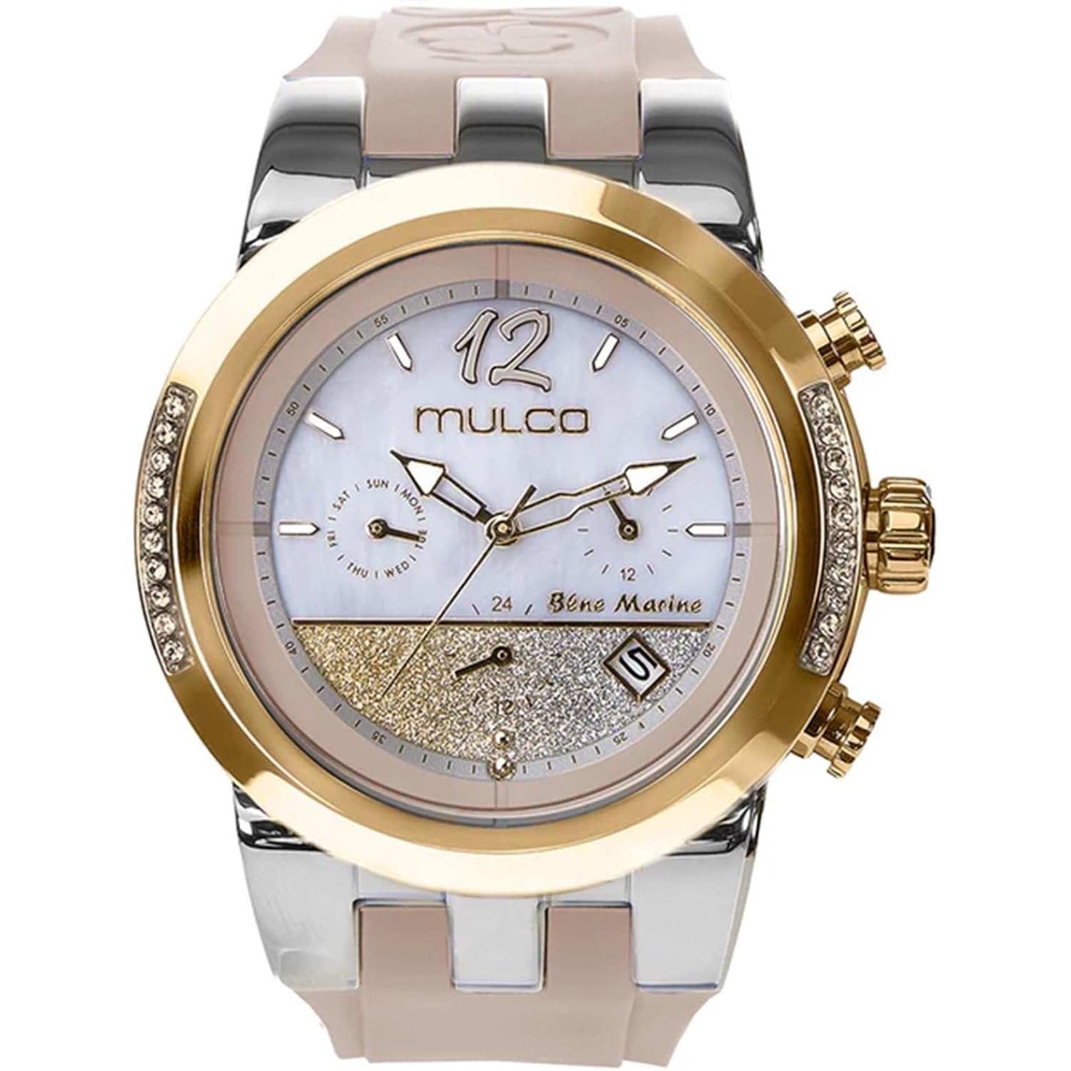 Mulco Luxury Watch For Women - Blue Marine Infinity, Stainless Steel Case With Wrist Silicone Band, Quartz Multifunctional Movement Large Face Analog Display, Crystal Stones, 100M-Waterproof