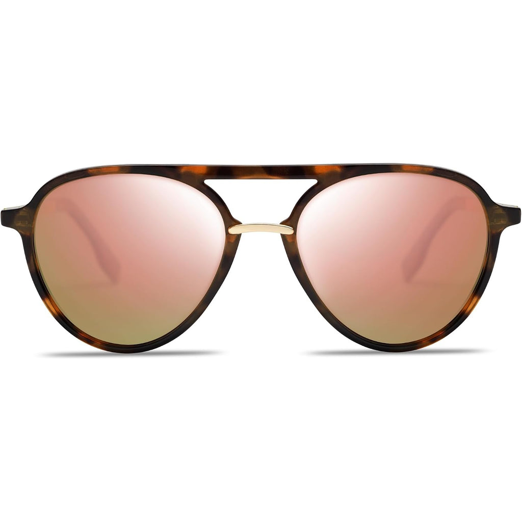 SOJOS Retro Aviator Polarized Sunglasses for Women Men Double Bridge Ladies Shades Tortoise Frame/Pink Mirrored Lens