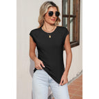 Sidefeel Womens Tops Casual Crewneck Cap Sleeve Tops Ribbed Raw Hem Summer T Shirts Slim Fit Basic Tees Blouses
