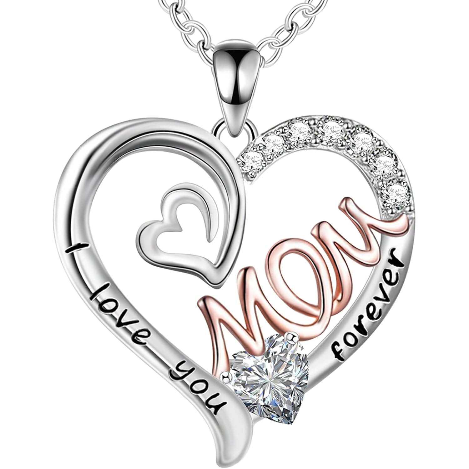 Mothers Necklace Gifts for Mom from Daughter Son, I Love You Mom Necklace Heart Pendant Rhinestone Jewelry with Box Birthday Mothers Day Gifts for Women