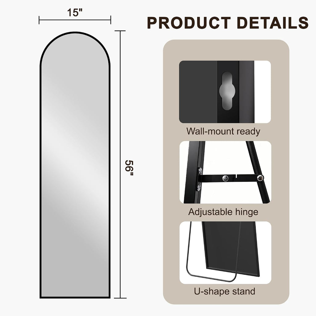 Fictor Arched Full Length Mirror 15" X 56", Full Body Floor Mirror With Adjustable Stand, Free Standing Mirror With Aluminum Frame For Bedroom, Living Room, Cloakroom, Black