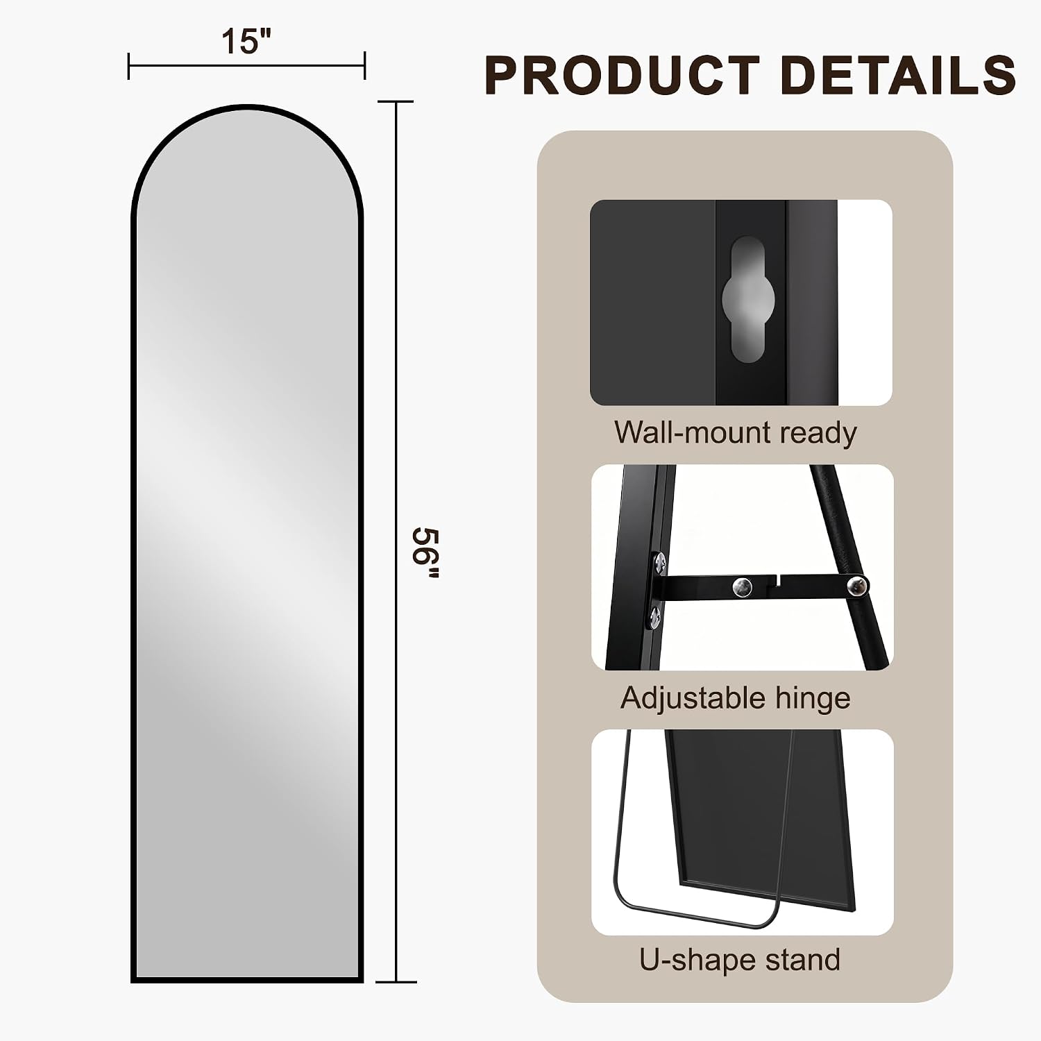 Fictor Arched Full Length Mirror 15" X 56", Full Body Floor Mirror With Adjustable Stand, Free Standing Mirror With Aluminum Frame For Bedroom, Living Room, Cloakroom, Black