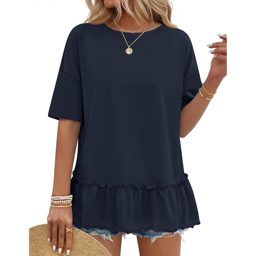 Merokeety Women'S 2026 Summer Peplum Tops Oversized Blouse Casual Short Sleeve Crew Neck Ruffle Tunic T Shirts