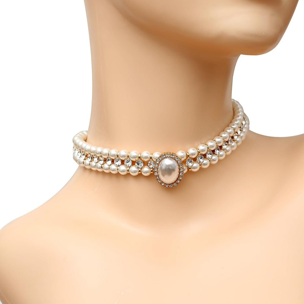 S SUSANN Costume Layered Twisted Gold Pearl Necklace Choker Chunky Glass Statement Pearl Necklace and Earring set, good gift for women Faux pearl necklace set