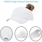 Women Distressed High Bun Ponycaps Baseball-Hat Girls Cotton Ponytail Baseball-Cap Adjustable