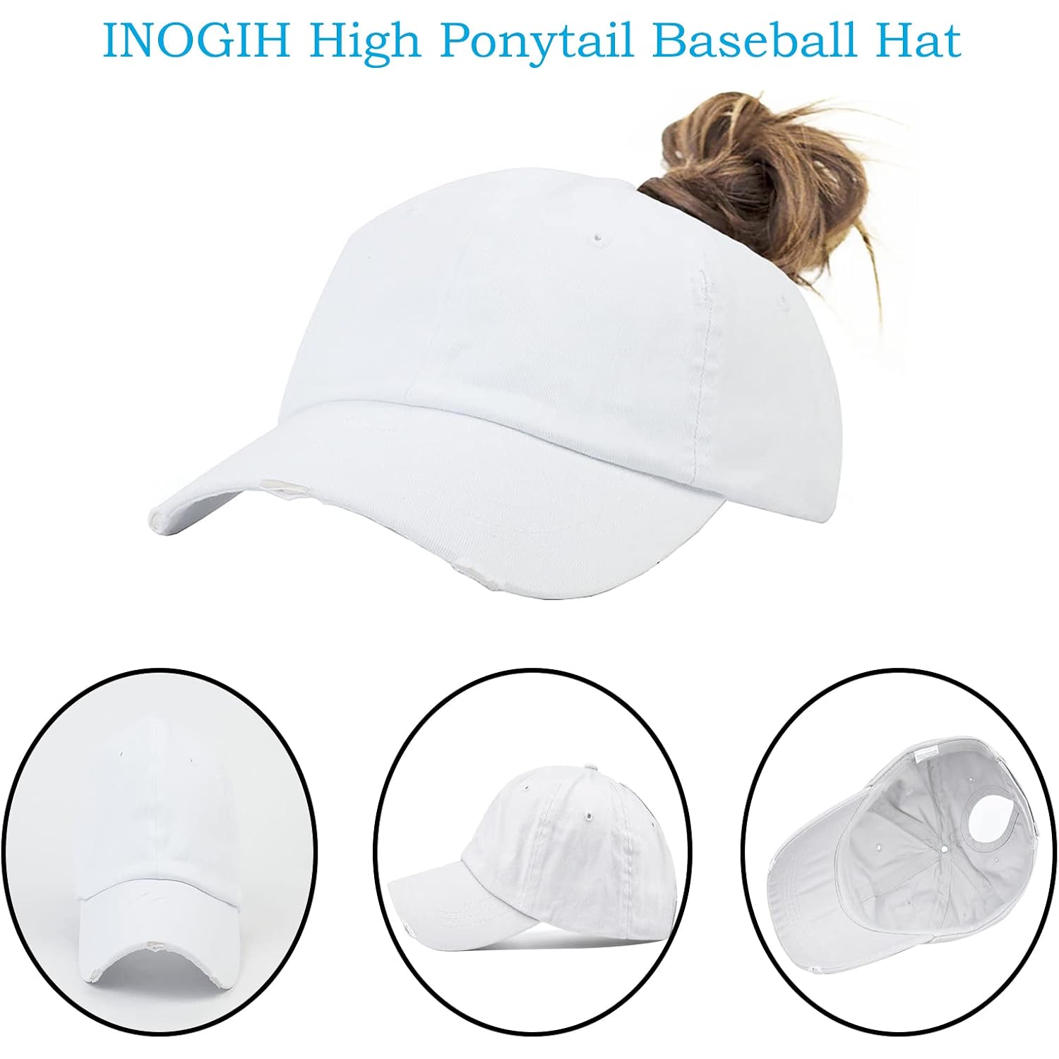 Women Distressed High Bun Ponycaps Baseball-Hat Girls Cotton Ponytail Baseball-Cap Adjustable