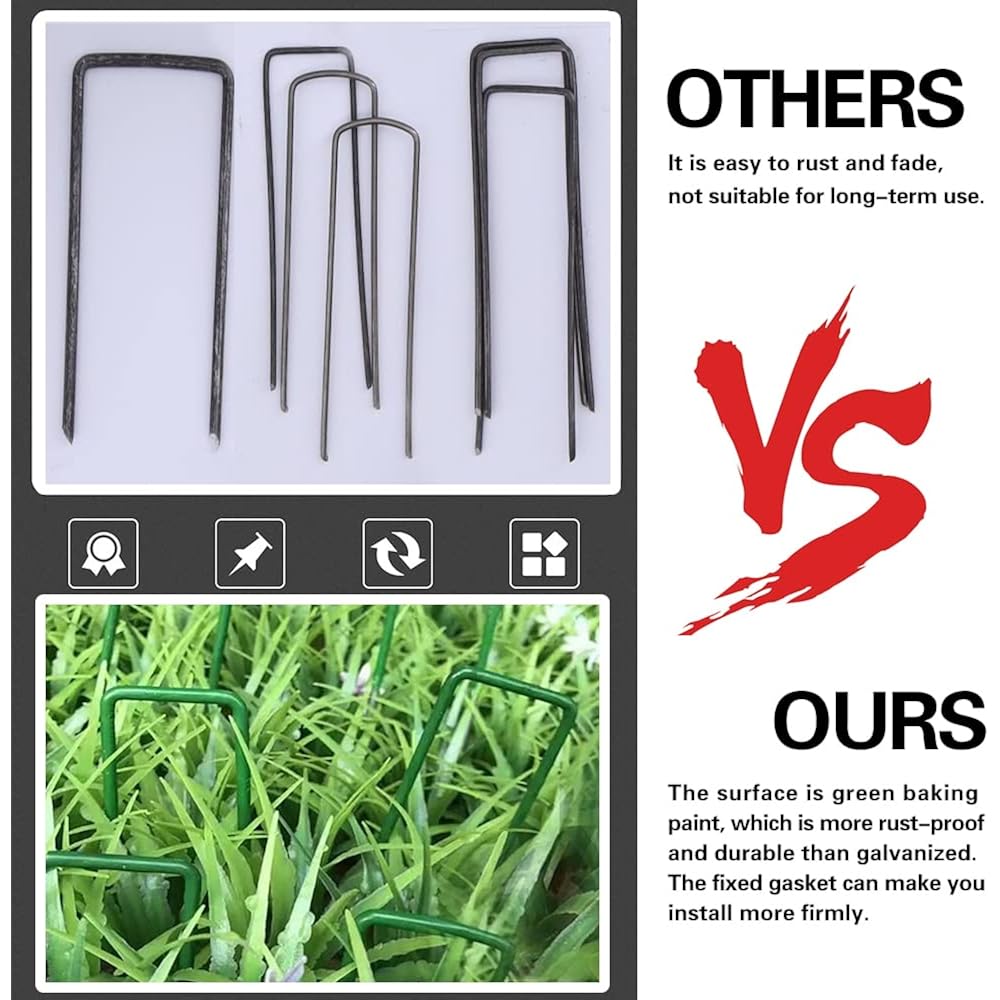 Bakulyor 50Pcs Green Artificial Turf Stakes Staples + 50Pcs Buffer Washer, 6 Inch 11 Gauge Landscape Staples, Galvanized Lawn Spikes, Heavy Duty Yard Ground Pin For Grass Weed Barrier Sod Fabric