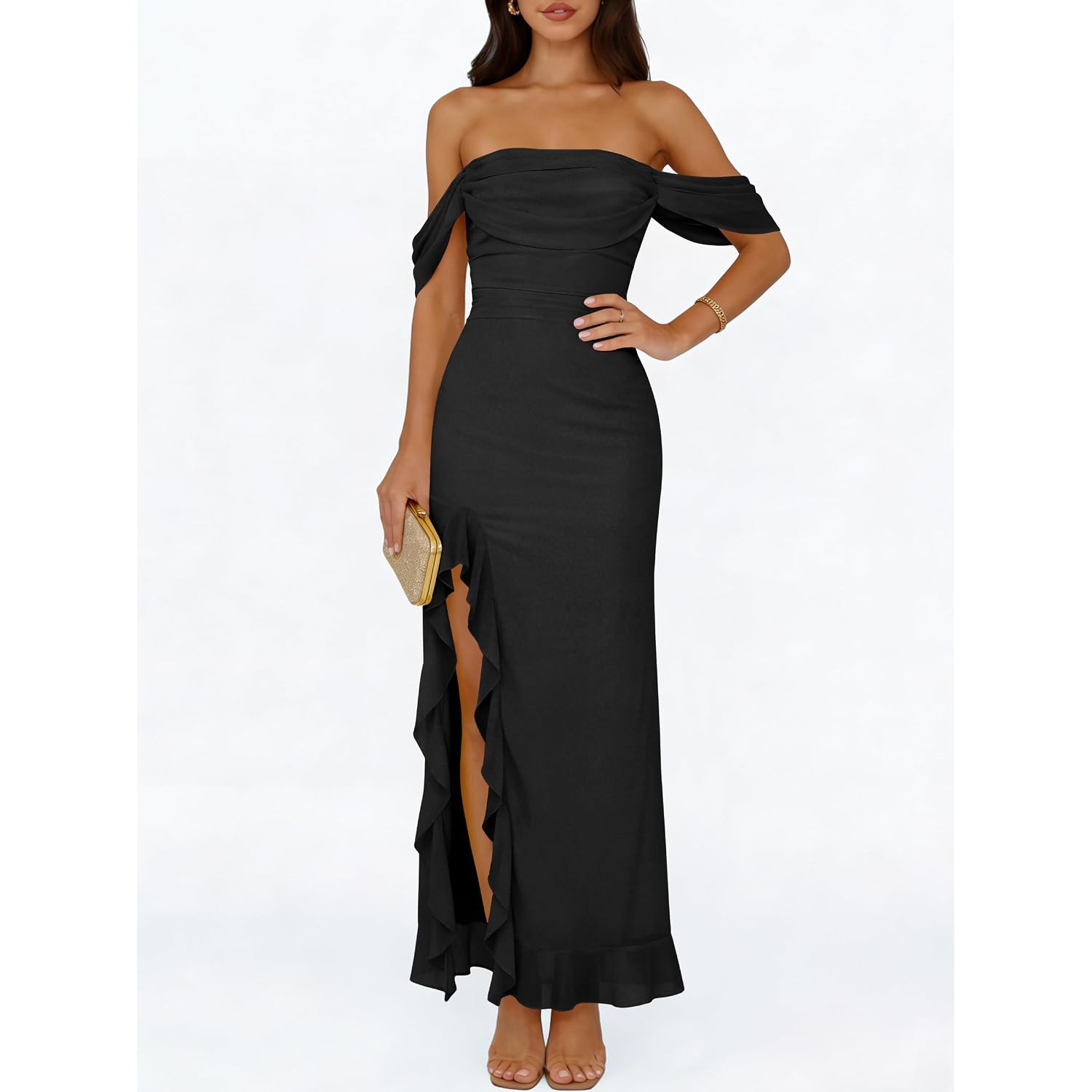 Caracilia Womens Summer Off The Shoulder Formal Bodycon Maxi Dresses High Slit Ruffle Hem Mesh Wedding Guest Cocktail Dress
