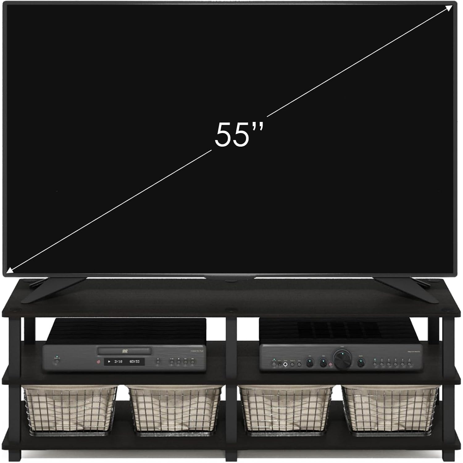 Furinno Turn-S-Tube Toolless Assembly 3-Tier Tv Stand, Entertainment Center For Tv Up To 55 Inch, Wide Printer Stand With Storage Shelf, For Living Room, Bedroom, Espresso