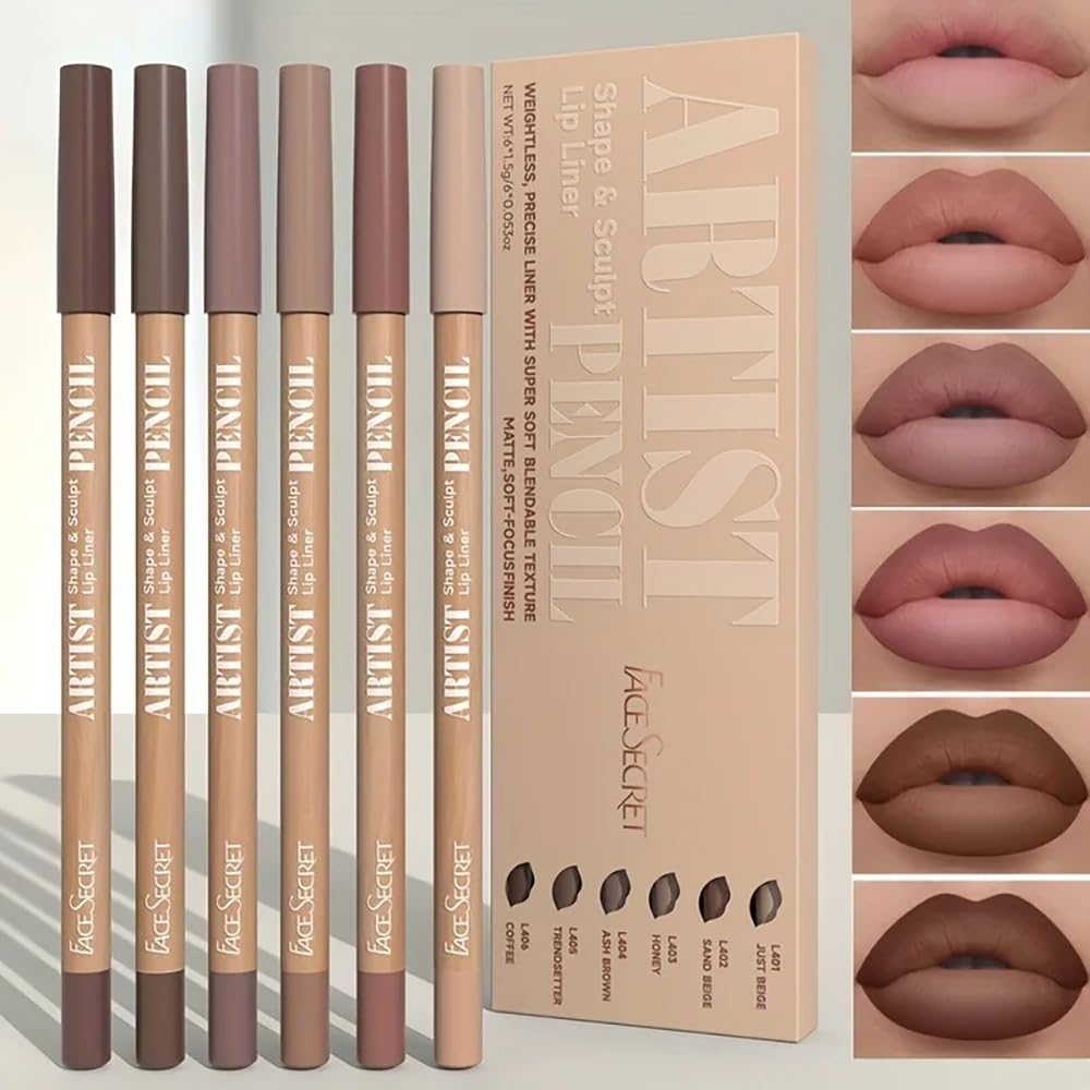 Beauty Glazed 6pcs Nude Brown Lip Liner Makeup Set - Waterproof & Smudge-Proof Matte Pencil, Long-Lasting & Durable, Smooth & Easy Glide, Non-Smudge, Contouring, Filling & Layering (NUDE-BROWN Set)