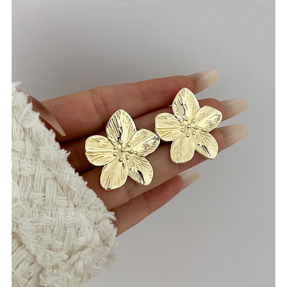 Big Gold Flower Statement Earrings for Women, 14K Gold Plated Chunky Unique Starfish Leaf Floral Drop Earrings, Large Fall Earrings Jewelry Gift