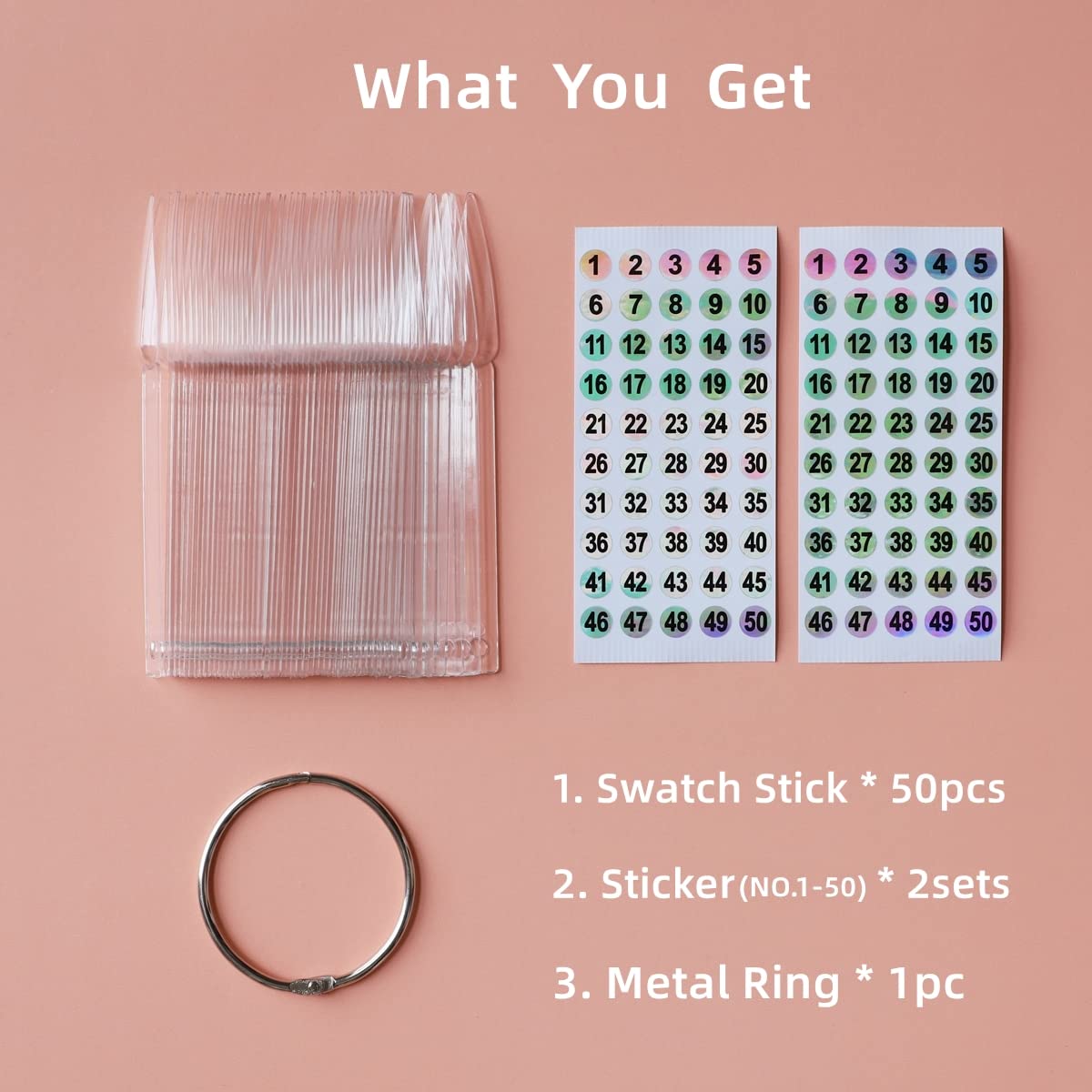 50pcs Nail Swatch Sticks with Number Stickers Nail Color Display Stiletto Tips Clear Nail Sample Sticks with Ring Practice Nail Tips Nail Supplies for Nail Techs Professional Nail Salon