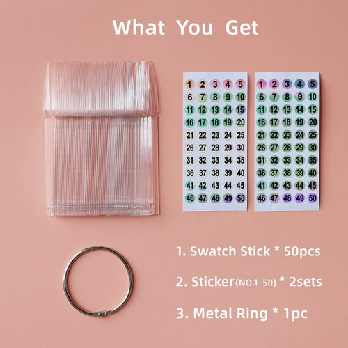 50pcs Nail Swatch Sticks with Number Stickers Nail Color Display Stiletto Tips Clear Nail Sample Sticks with Ring Practice Nail Tips Nail Supplies for Nail Techs Professional Nail Salon