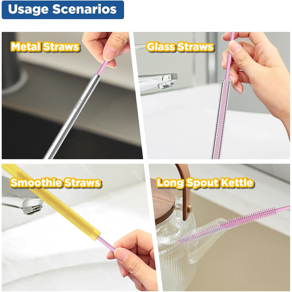 Silicone Straw Cleaner Brush, 2Pcs Reusable Straw Brush Extra Long For Cleaning Tumbler With Handle And Glass Metal Smoothie Straws, Non-Slip Handle Soft And Bendable, 6Mm+9Mm, Pink