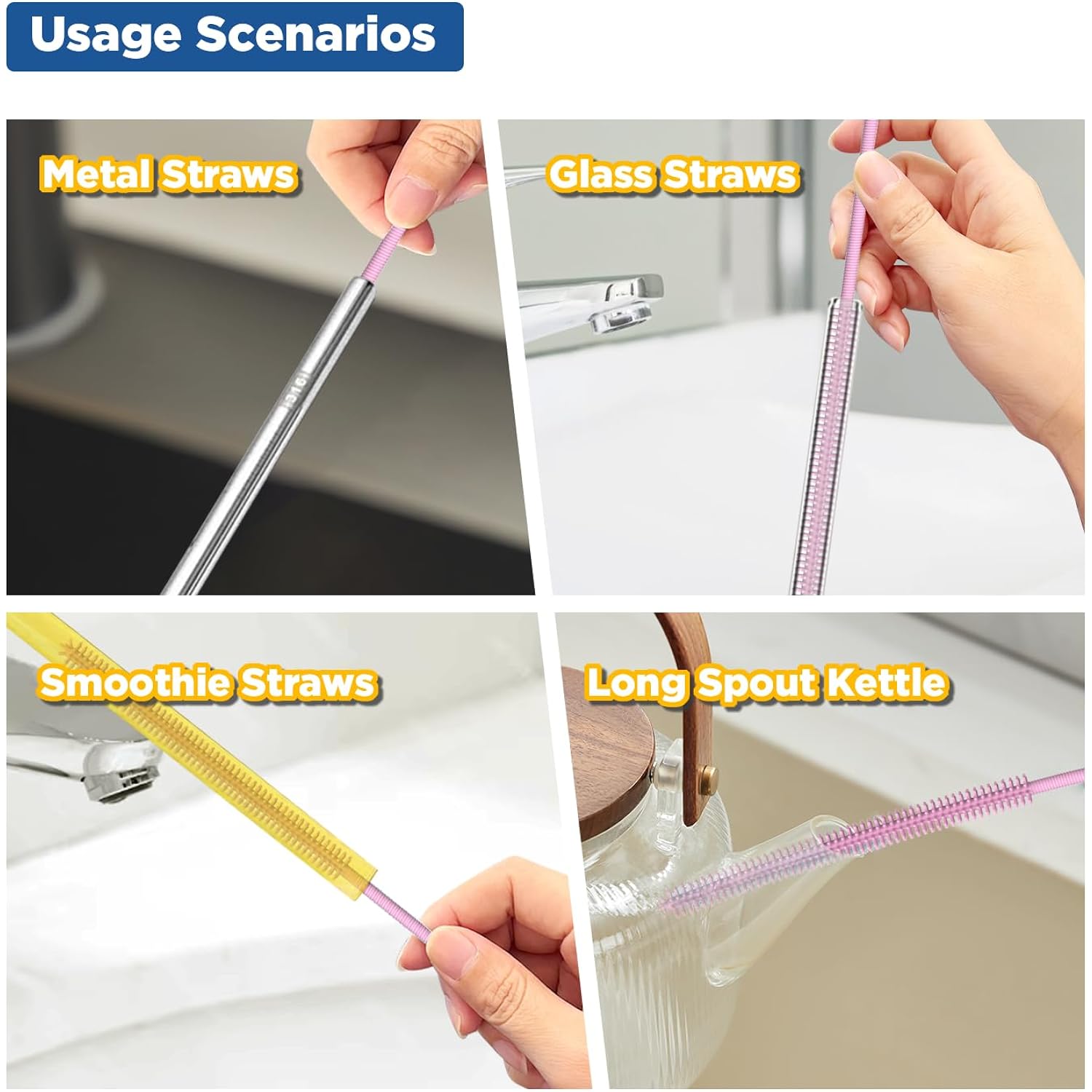 Silicone Straw Cleaner Brush, 2Pcs Reusable Straw Brush Extra Long For Cleaning Tumbler With Handle And Glass Metal Smoothie Straws, Non-Slip Handle Soft And Bendable, 6Mm+9Mm, Pink