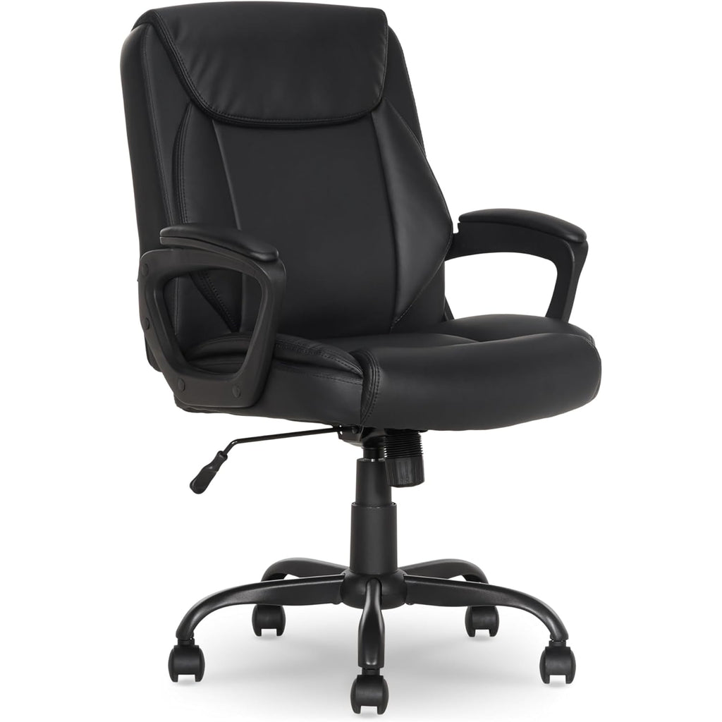 Amazon Basics Classic Puresoft PU Padded Mid-Back Office Desk Chair with Armrest, Easy Assembly, Sturdy Metal Base, Wheels, 275lb Support, 26"D x 23.75"W x 42"H, Black