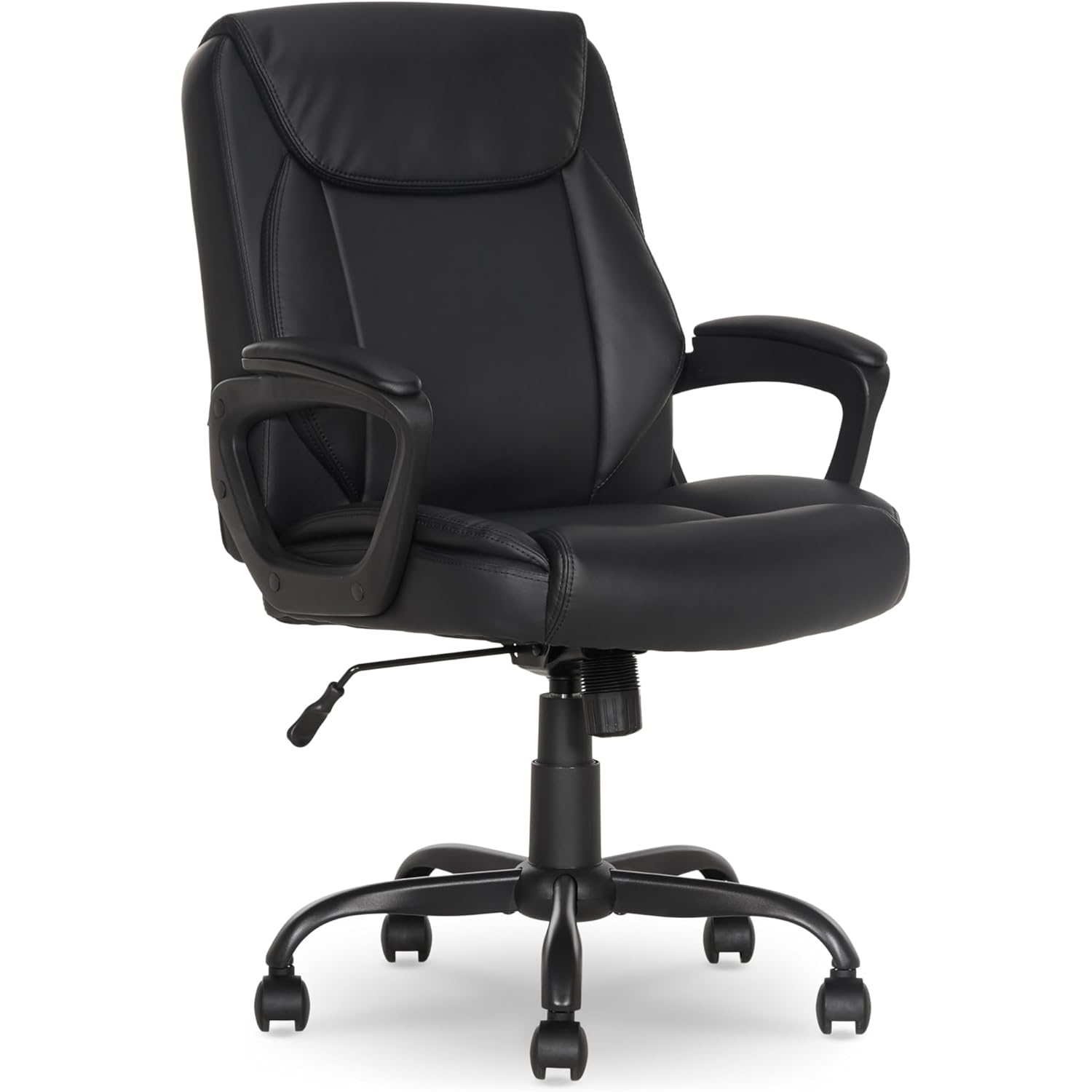 Amazon Basics Classic Puresoft PU Padded Mid-Back Office Desk Chair with Armrest, Easy Assembly, Sturdy Metal Base, Wheels, 275lb Support, 26"D x 23.75"W x 42"H, Black