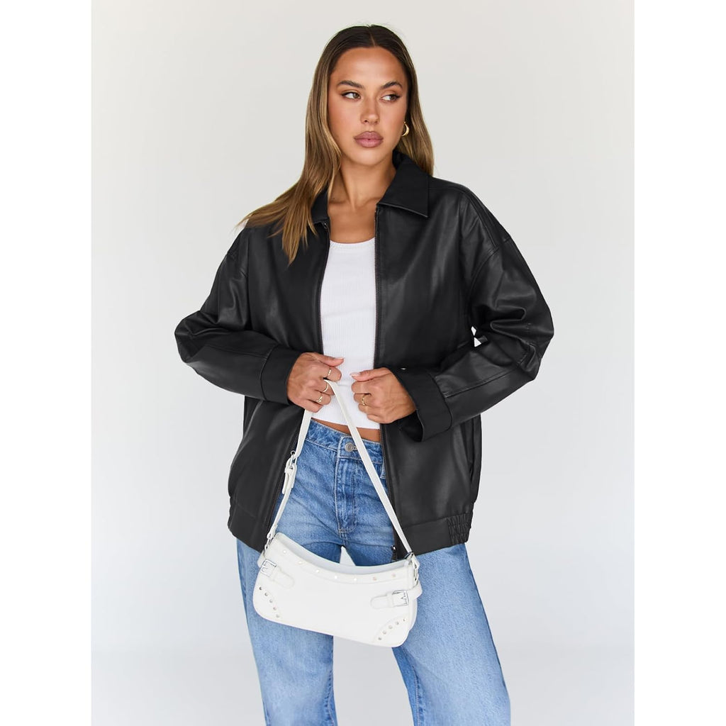 Trendy Queen Womens Oversized Leather Jacket Moto Bomber Coat Spring Fall | Spring Jacket Boyfriend Fall Clothes Going Out Fashion Concert Party Coat Travel Airport Winter Outfits