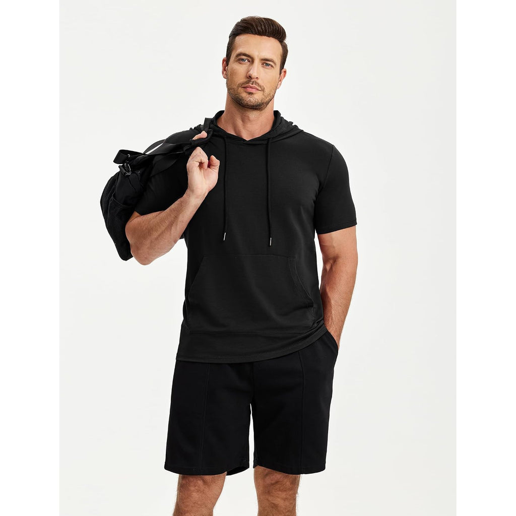 Jmierr Mens Short Sleeve Hoodie Cotton Hooded T-Shirts Lightweight Solid Tops With Pocket