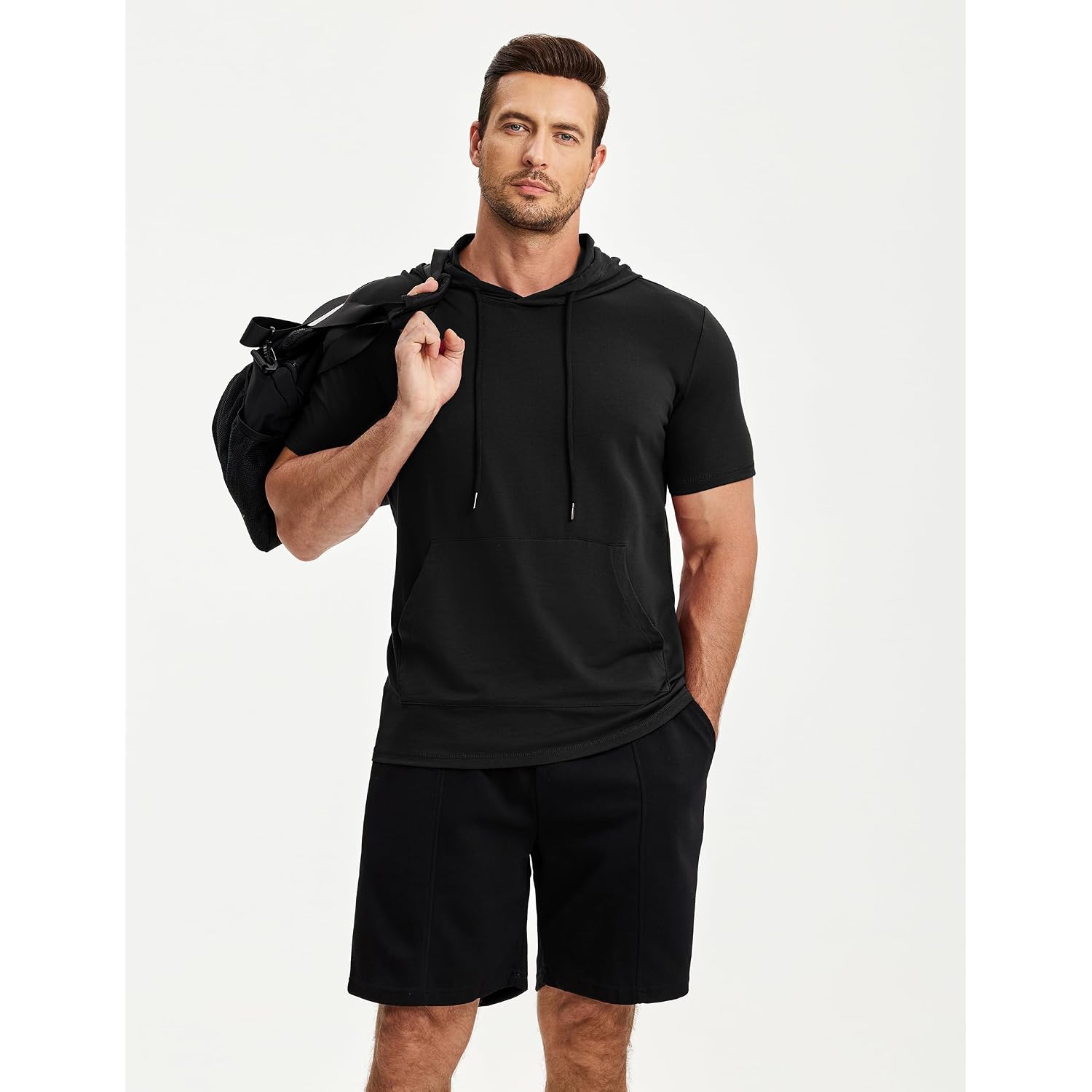 Jmierr Mens Short Sleeve Hoodie Cotton Hooded T-Shirts Lightweight Solid Tops With Pocket