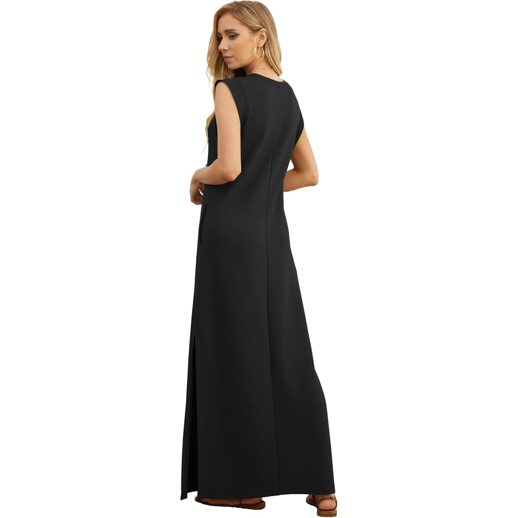 Grecerelle 2026 Women Year-Round Casual Round Neck Loose Split Wrinkle-Free Long Maxi Vacation Dress With Pockets (Xxs-4Xl)