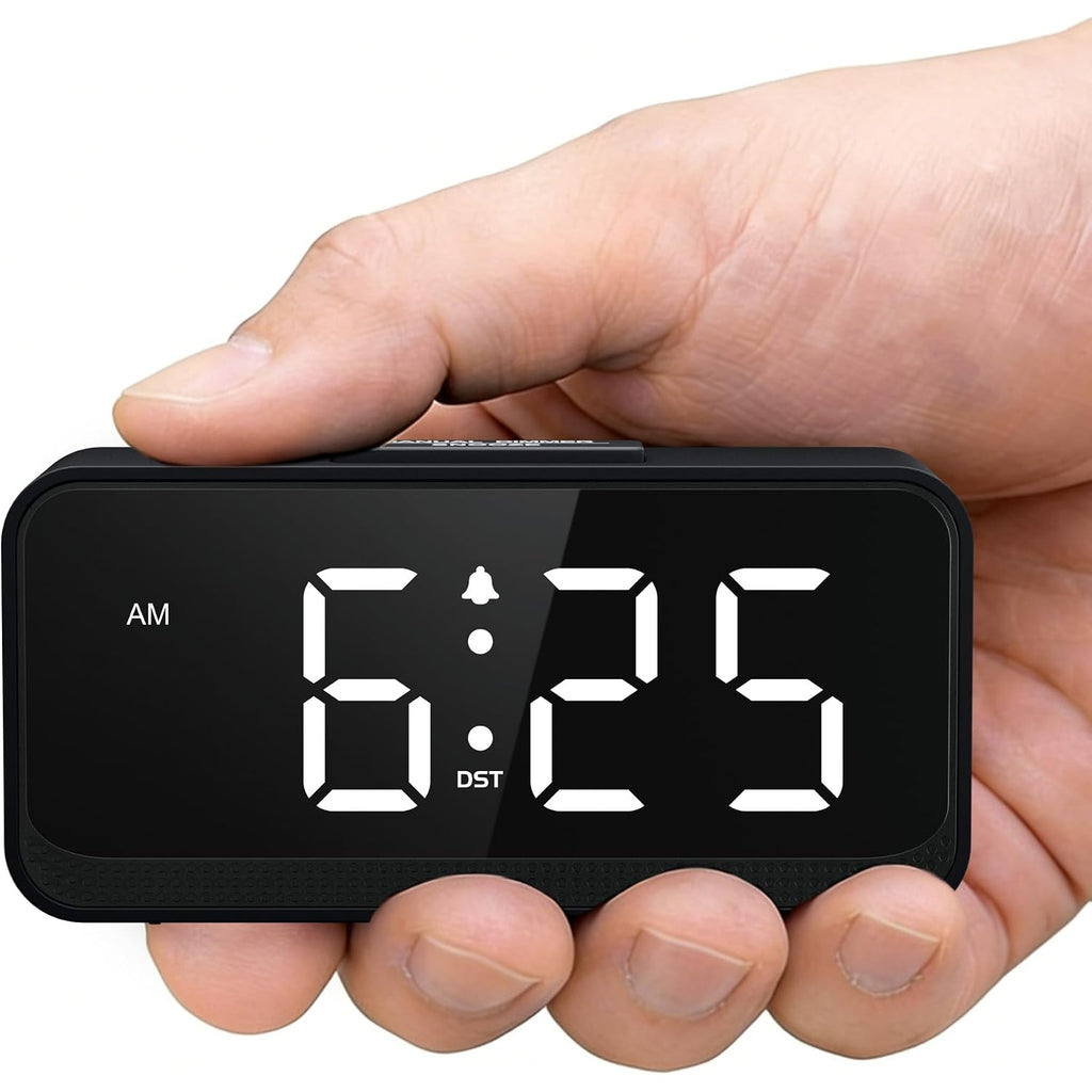Battery Operated Small Alarm Clock: Digital Compact Large Display Cordless Clock For Bedroom Travel - Simple To Use For Seniors Teens White Digits