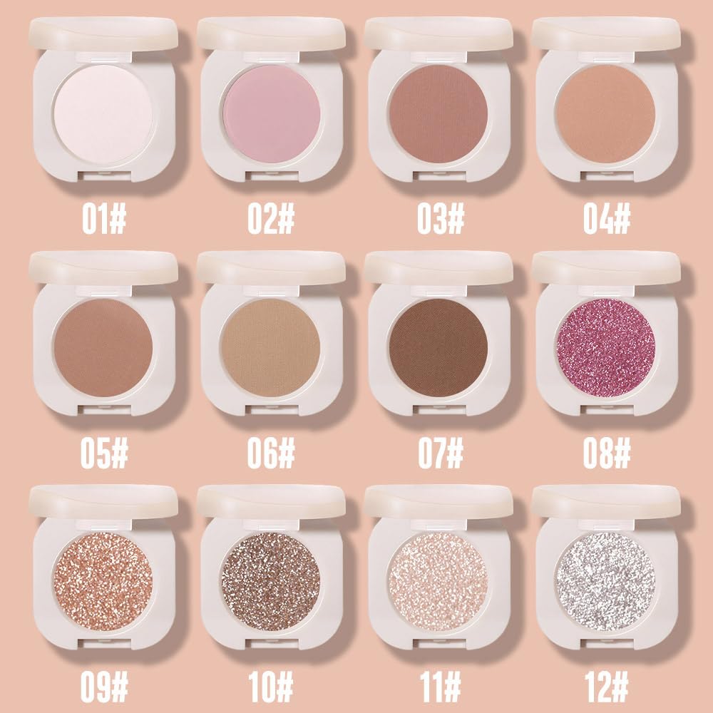 FeiCuiYun Glitter Shimmer Sparkle Eyeshadow Palette Makeup for Older Women, Silver Glitter Shimmer Metallic Holographic Multichrome Cream Iridescent Single Monochrome Eye Shadow Makeup, 12