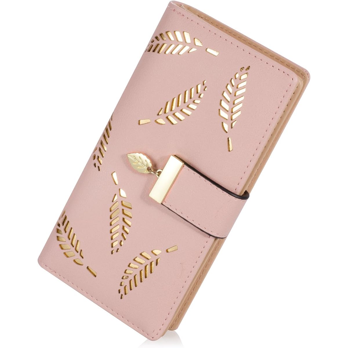 Sweet Cute Chocolate Women's Long Leaf Bifold Wallet Leather Card Holder Purse Zipper Buckle Elegant Clutch Wallet Handbag for Women - Pink