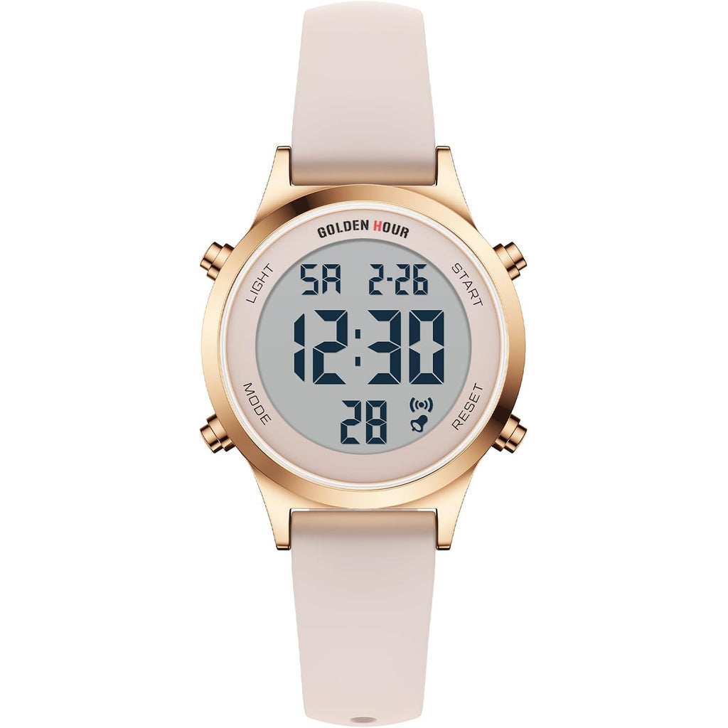 Golden Hour Waterproof Women'S Digital Sports Watches With Silicone Strap, Alarm Calendar Stopwatch Chronograph 32Mm Rose Gold Case