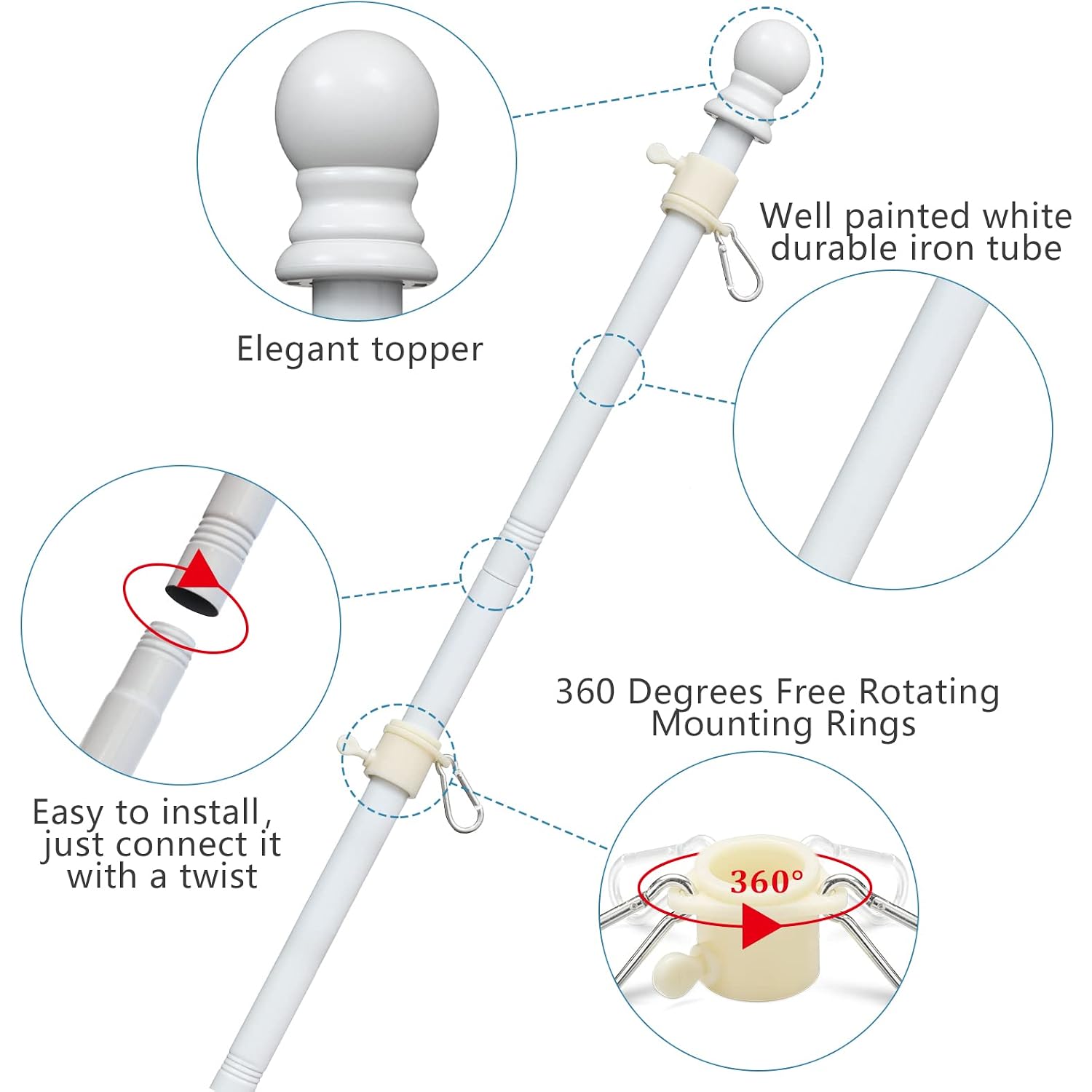 Flag Pole Kit With 3X5 American Flag - Includes 5Ft Heavy Duty Tangle Free Flagpole,Embroidered 3X5 Us Flag,Aluminum Mount Holder Bracket,Metal Flagpoles For Outside House,Porch,Outdoor - White