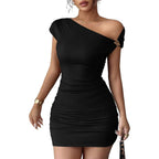Acelitt Summer Off The Shoulder Dresses For Women 2026 Short Sleeve Ruched Bodycon Cocktail Party Knit Mini Dress