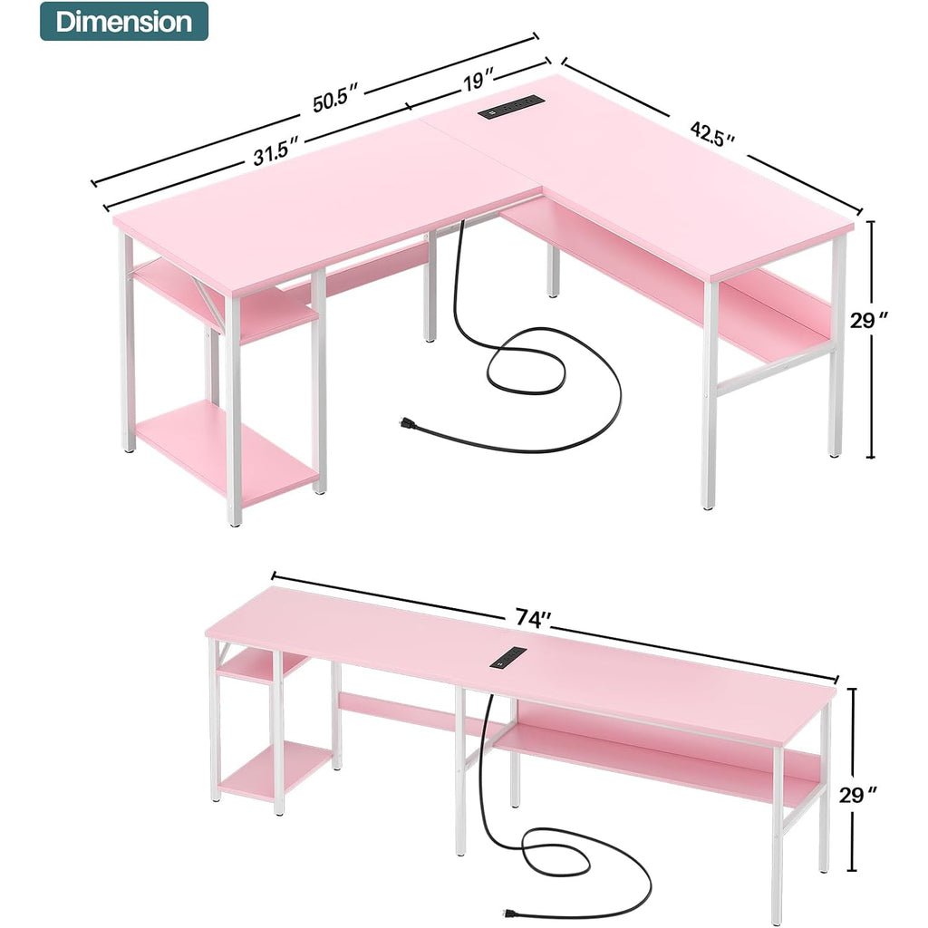 Unikito Reversible L Shaped Desk With Magic Power Outlets And Usb Charging Ports, Sturdy Corner Computer Desk With Storage Shelves, Gaming Table Home Office Desk, Easy To Assemble, Pink