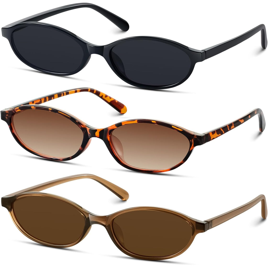 Retro Oval Sunglasses for Women 90s Design Small Cat Eye Sun Glasses UV Protection Y2k Trendy Narrow Shades Black+leopard+brown