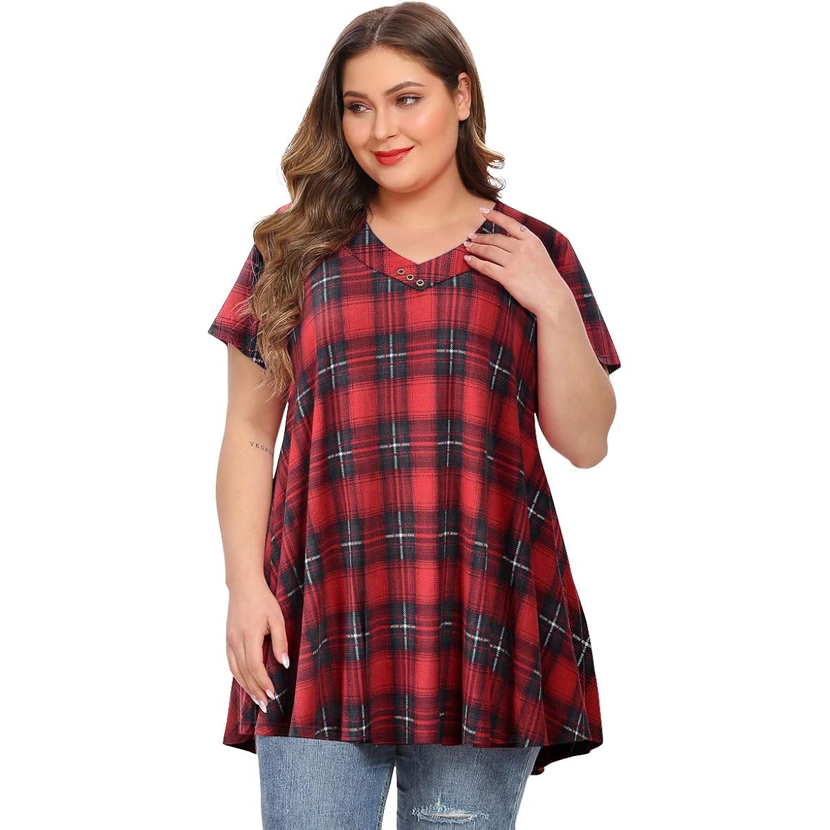 Womens Plus Size Tops Short Sleeve Button Down Basic Tunics Summer Swing T Shirts Casual V Neck Blouses for Leggings