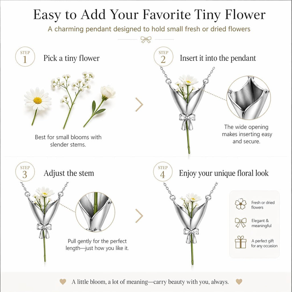 Flower Holder Necklace for Women DIY Flower Bouquet Necklace Mini Vase Pendant Wearable Floral Jewelry Insert Fresh or Dried Flowers Gifts for Teachers Mom Daughter Bride Bridesmaids
