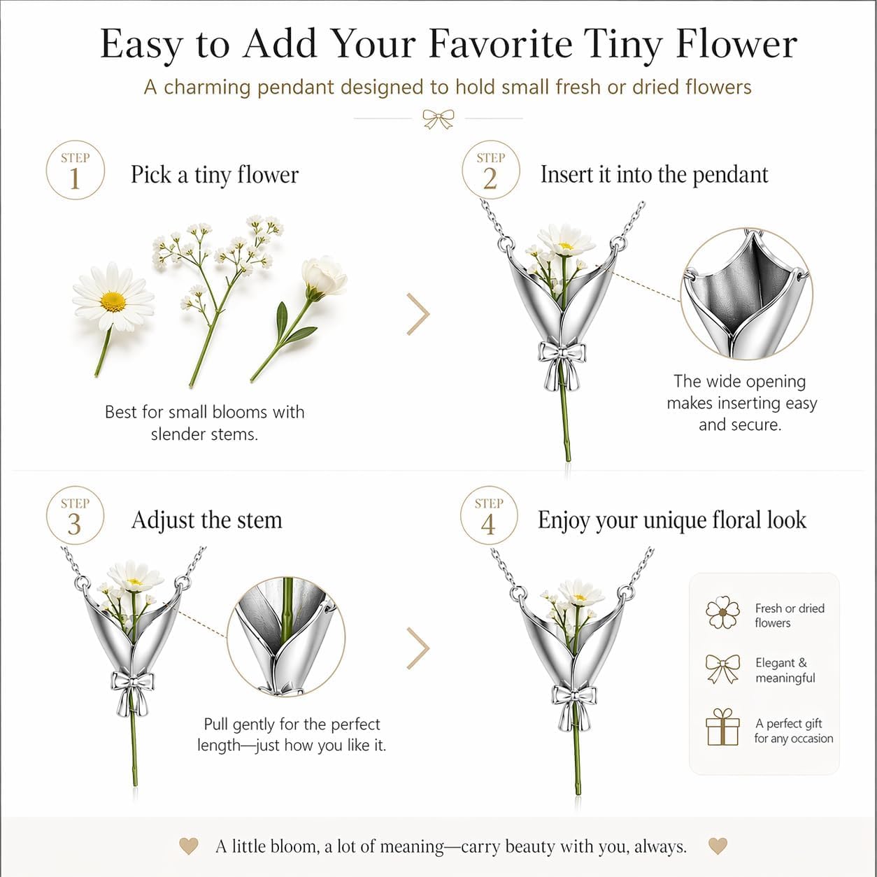 Flower Holder Necklace for Women DIY Flower Bouquet Necklace Mini Vase Pendant Wearable Floral Jewelry Insert Fresh or Dried Flowers Gifts for Teachers Mom Daughter Bride Bridesmaids