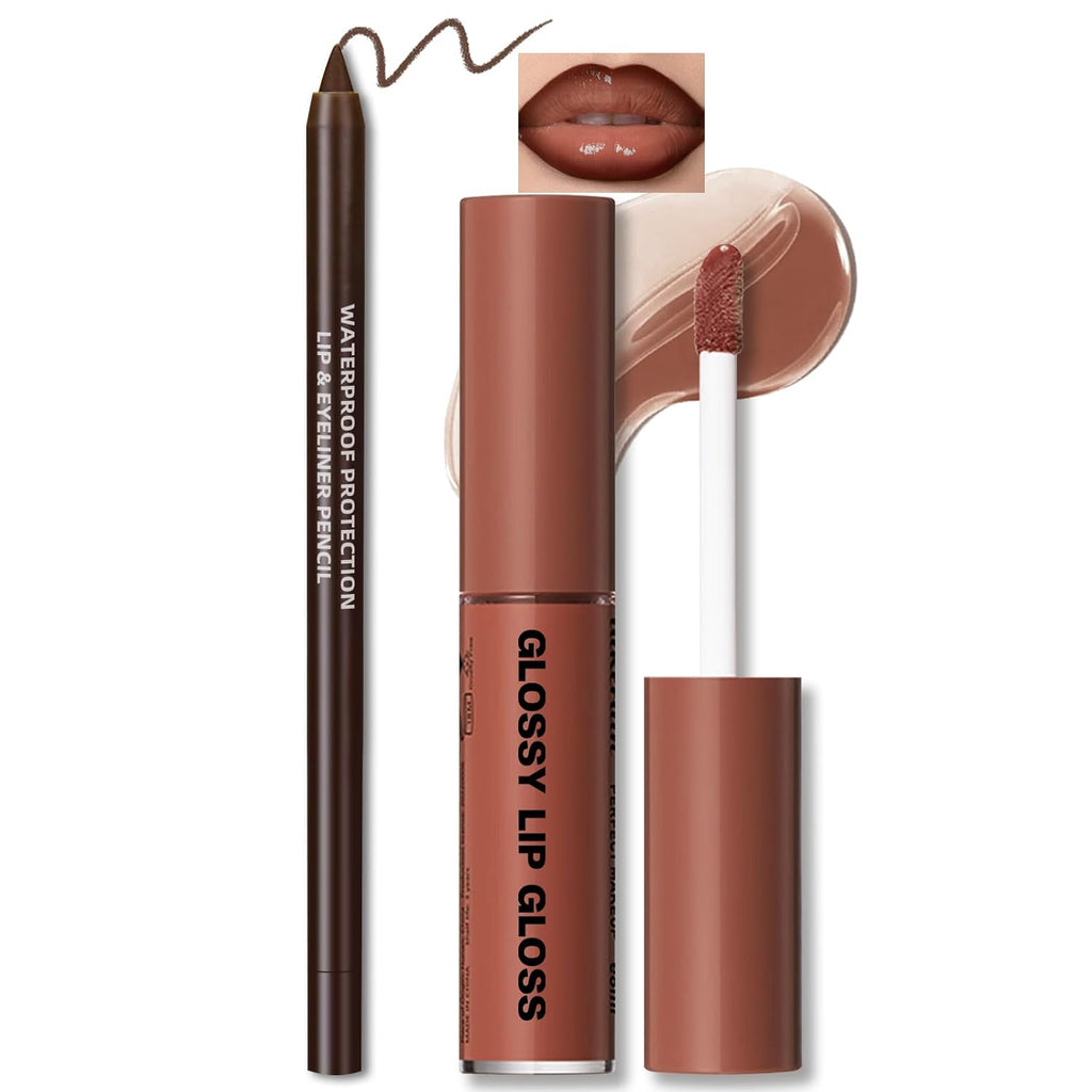 HOSAILY Nourishing Lip Gloss with Brown Lip Liner Lip Combo Set, Moisturizing High Shine Nude Lip Glow Oil Fresh Lightweight Glossy Plumping Lip Gloss for Women Long Wear Mini Liquid Lipstick Makeup#8