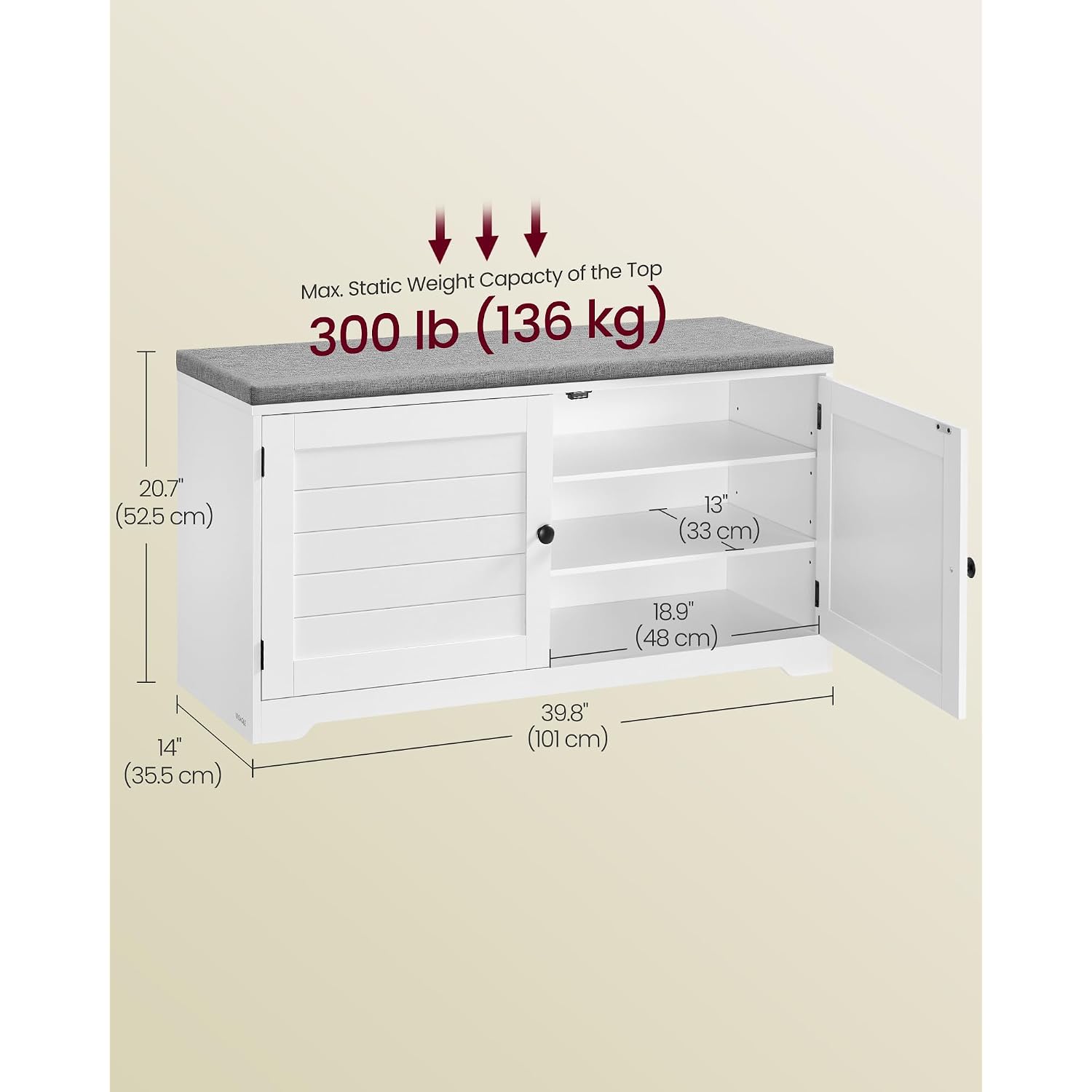 Vasagle Shoe Storage Bench With Cushion, 3-Tier Entryway Bench With Padded Seat, Doors, Adjustable Shelves, 14 X 39.8 X 20.7 Inches, For Hallway, Bedroom, Cloud White And Dove Gray Ulsb044W01