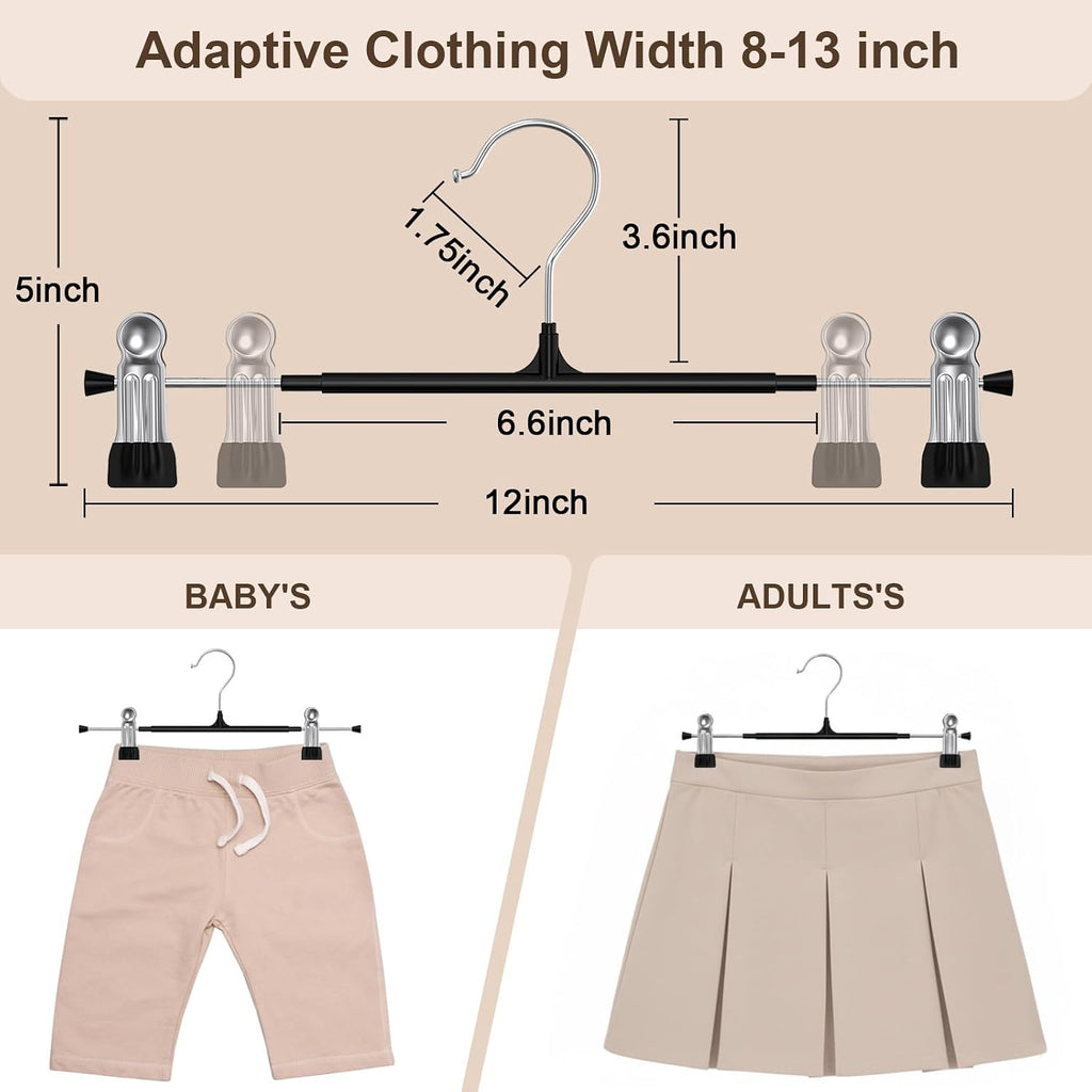 Pozean Pants Hangers With Clips For Women 30 Pack, 12Inch Adjustable Heavy Duty Skirt Hangers, Space Saving Non-Slip Shorts Jeans Trousers Clothes Hangers, Black