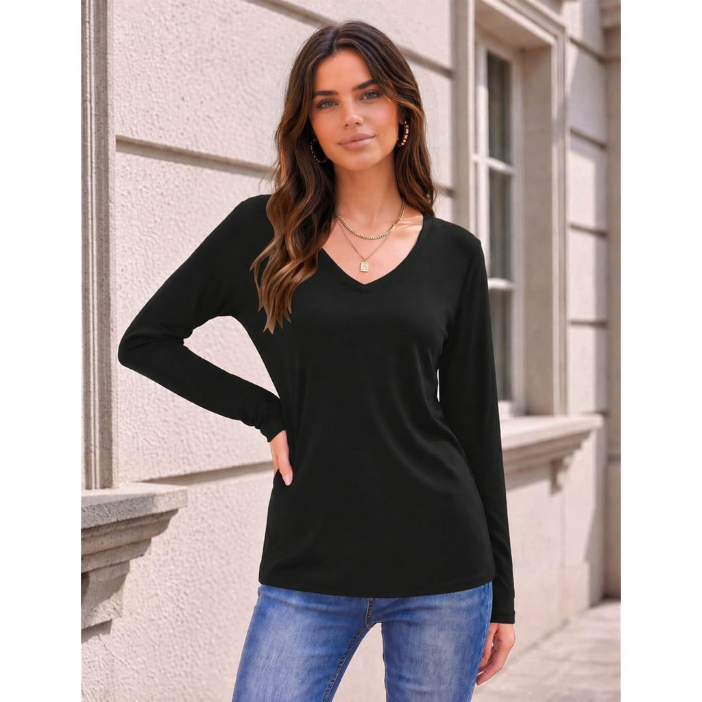 Zeagoo Womens Long Sleeve Shirts V Neck Basic Tee Tops Dressy Casual Business Work Blouses Fall Outfits S-3Xl