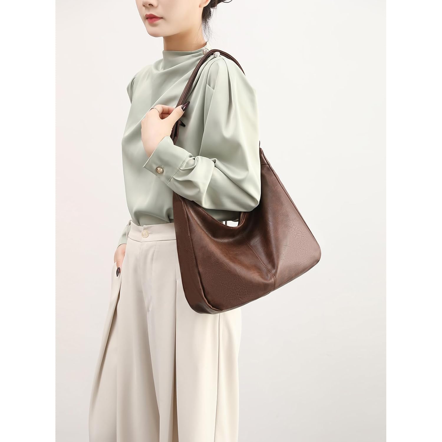 Hobo Bags for Women Foldable Vegan Leather Shoulder Handbag Slouchy Tote Crossbody Purses