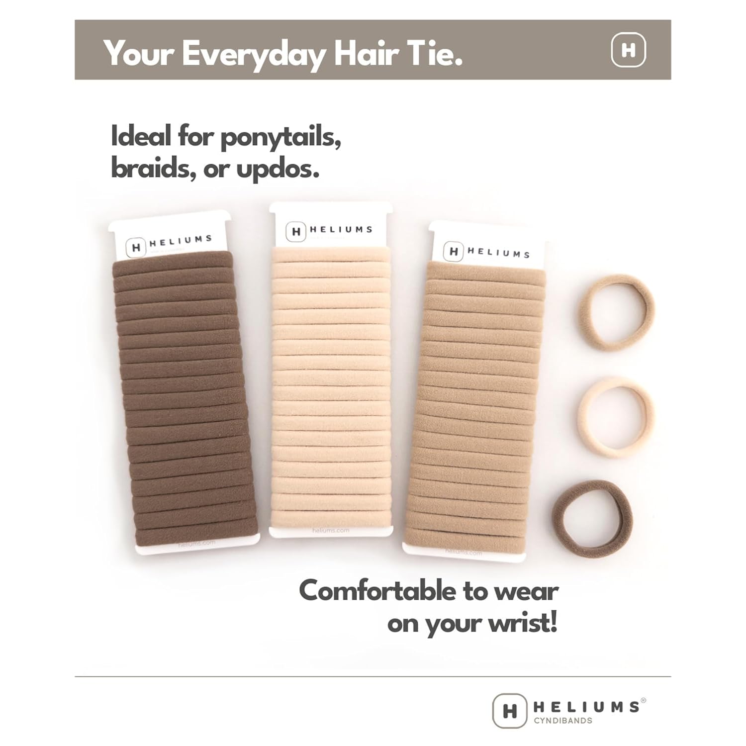 Heliums Soft Hair Ties - No Damage Seamless Nylon Fabric Bands, Stretchy Ponytail Holders For Thin & Thick Hair - Standard 1.5 Inch, Neutrals, 20 Pack